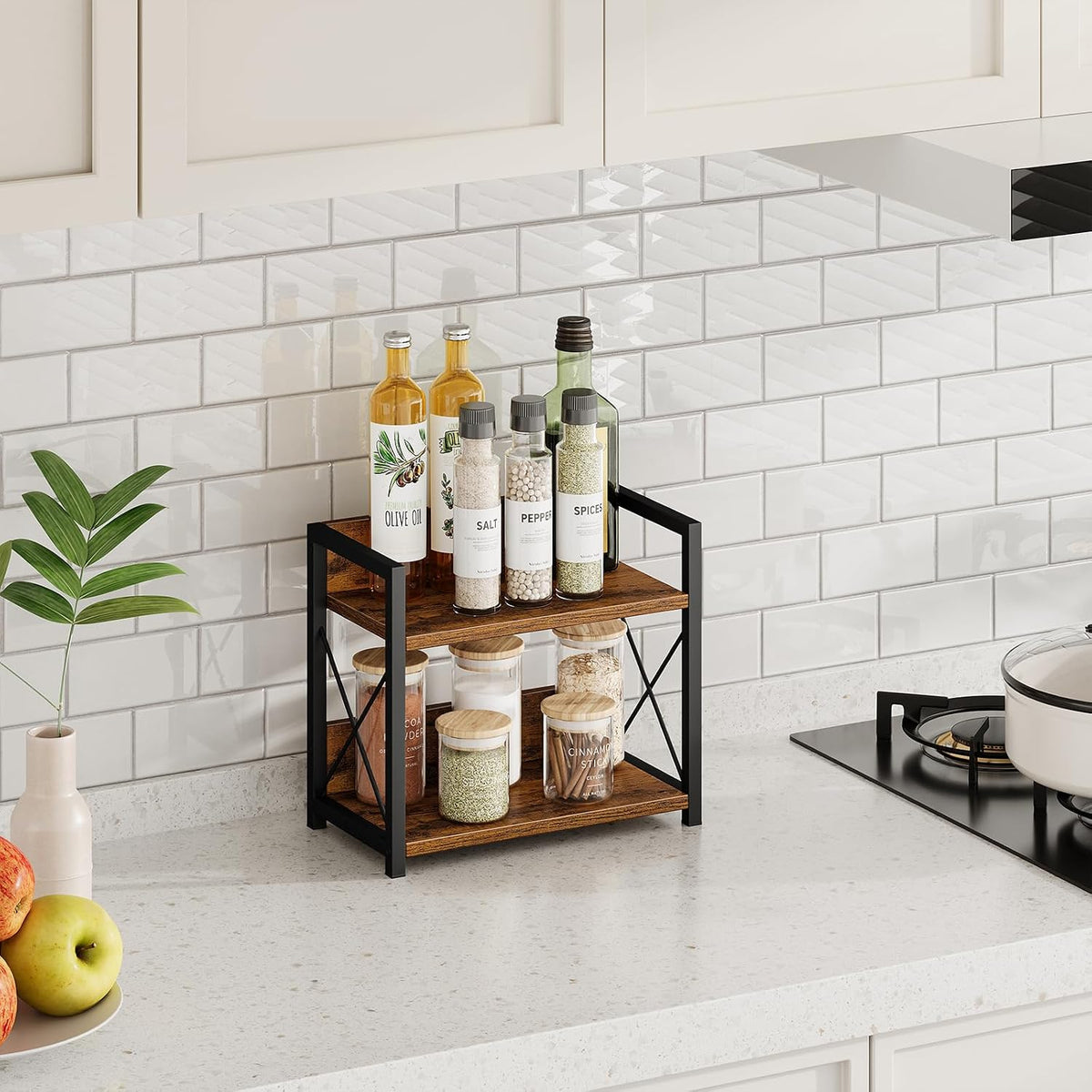 Giikin Countertop Shelf Organizer, 2 Tier Kitchen Spice Rack for Countertop, Wood Coffee Counter Shelf Organizer for Home (Brown, S) - Field & Nook