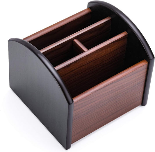 Rotating Remote Control Caddy – Four-Compartment Wood Organizer