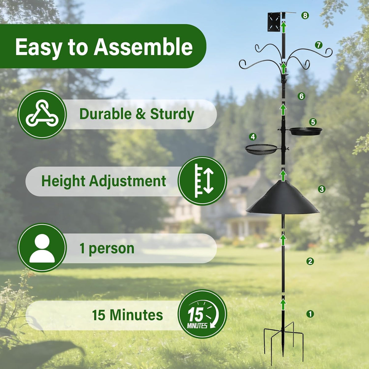 99 Inch Bird Feeder Pole with Squirrel Baffle, 360° Rotating Heavy Duty Bird House Pole for Outdoors Garden Yard, Adjustable Height Bird Feeder Stand with Shepherds Hooks Metal Trays