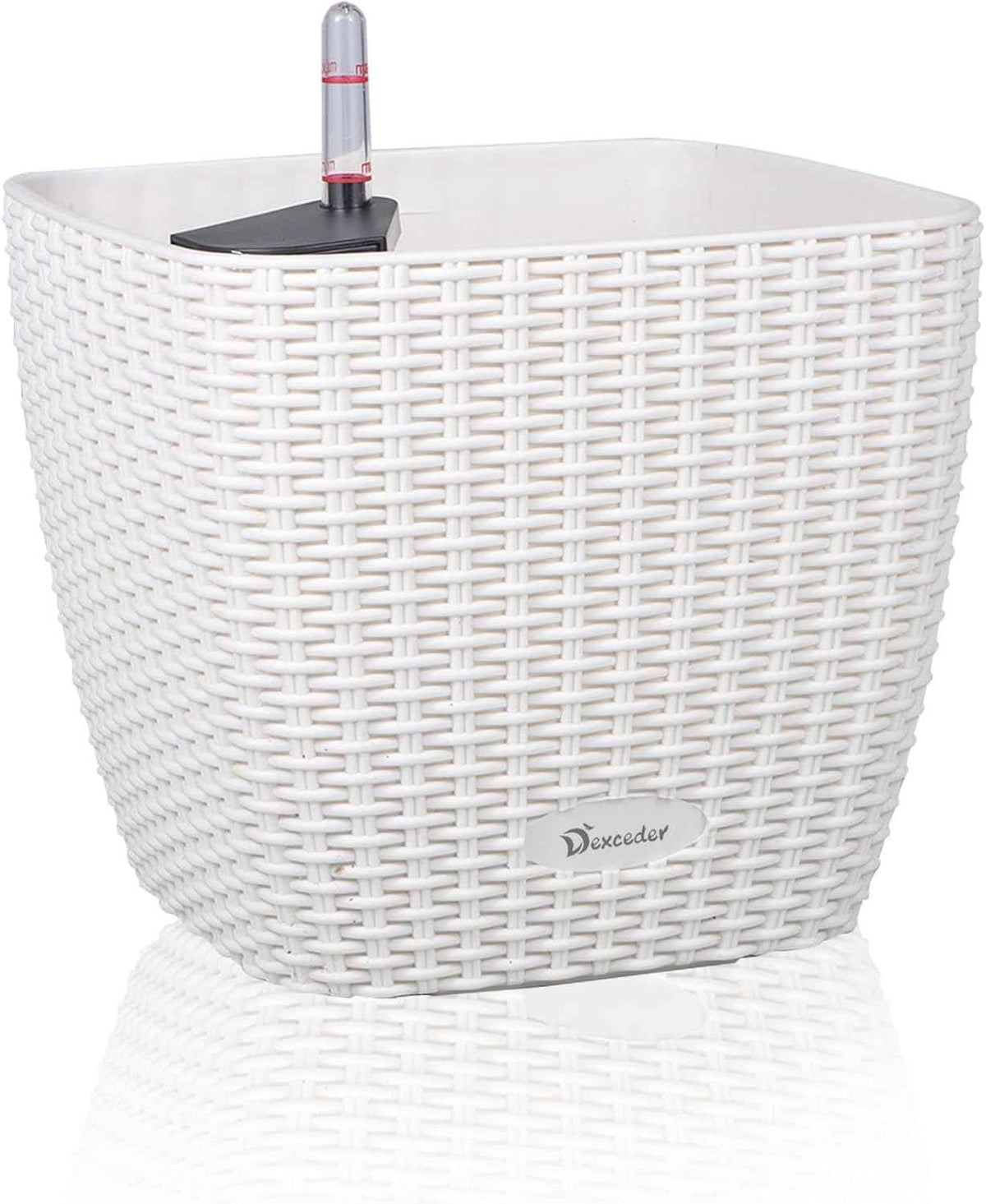 Dexceder 9x8 Self Watering Planter Indoor Outdoor, Inner Mat Design, Thickened Table Flower Plant Pot with Water Level Indicator (Ivory White Rattan)