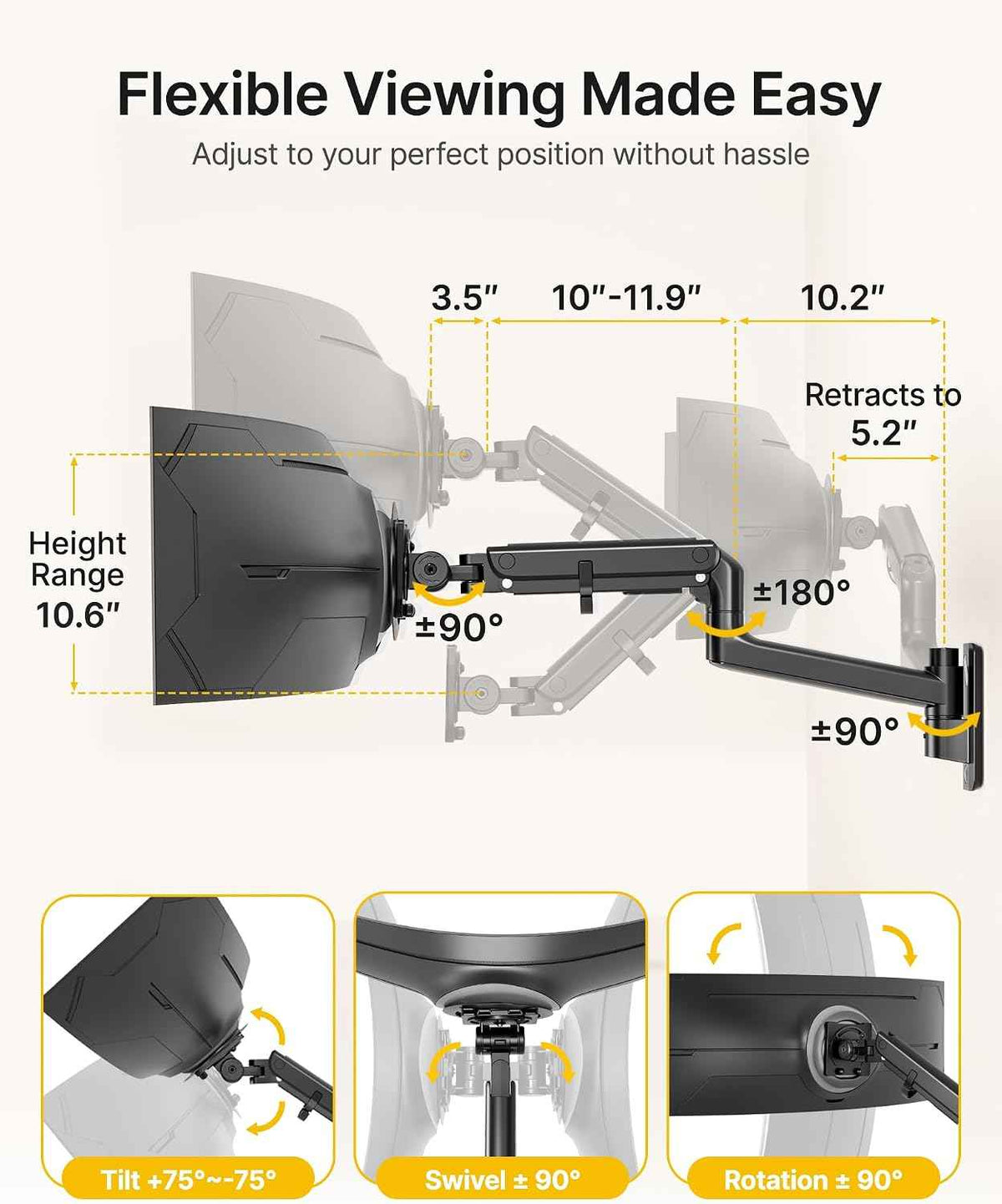 monTEK Single Monitor Wall Mount, 17–57" Gas Spring Arm, Heavy Duty, Black | Fits Max 57" Curved & Ultrawide Monitors, Holds Up To 59.4 Lbs, Full Motion Wall Mount, Compatible With 75/100mm VESA