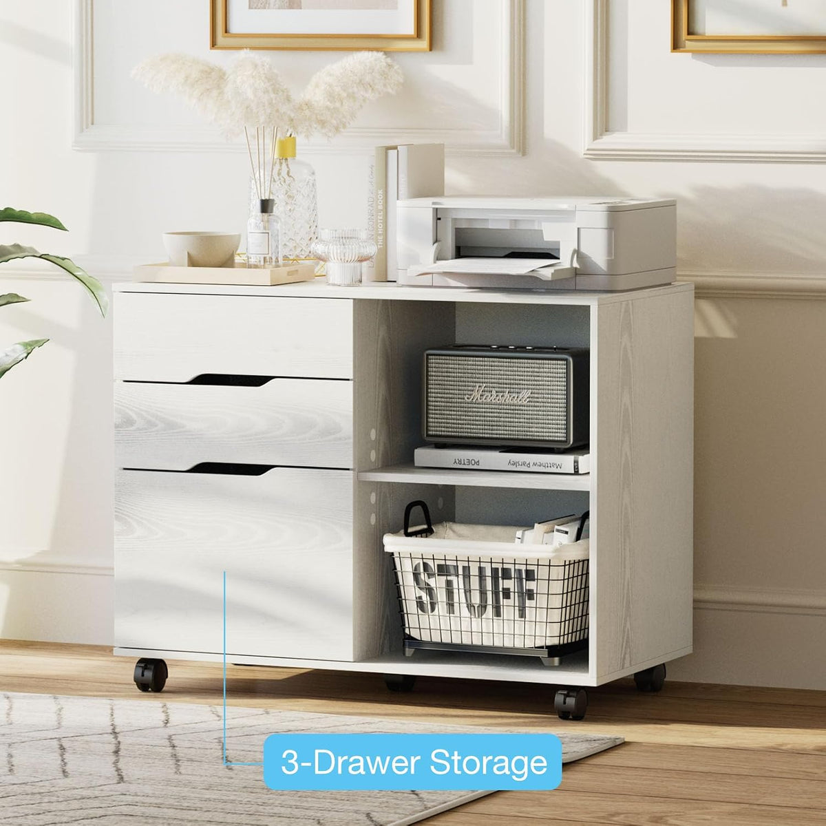 OLIXIS 3 Drawer Lateral File Cabinet, Rolling Printer Stand with Storage | Mobile Filing Cabinet Fits Under Desks, Holds A4/letter Files with Hanging Frame and Lockable Wheels, White - Field & Nook