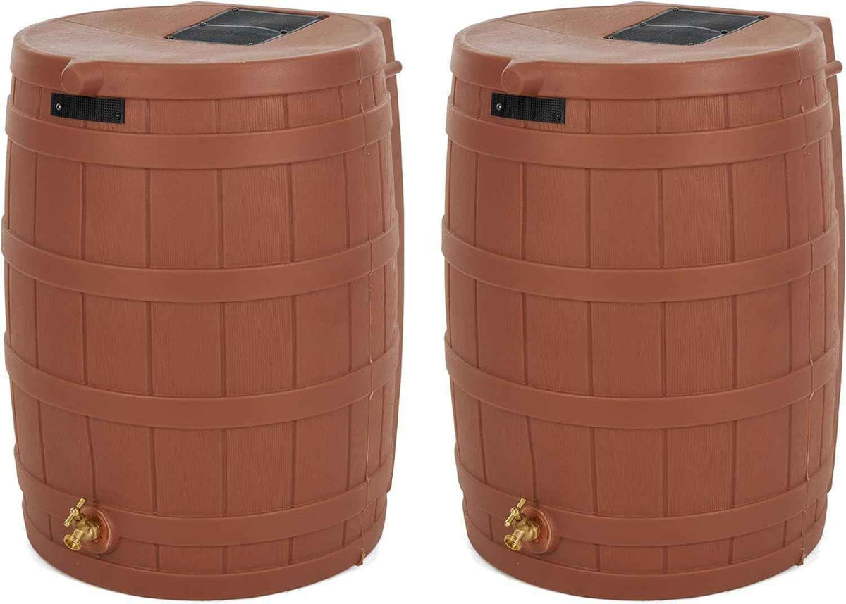 Good Ideas Rain Wizard 50 Gallon Plastic Outdoor Home Rain Barrel Water Storage Collector with Brass Spigot and Flat Back Design, Terra Cotta (2 Pack)