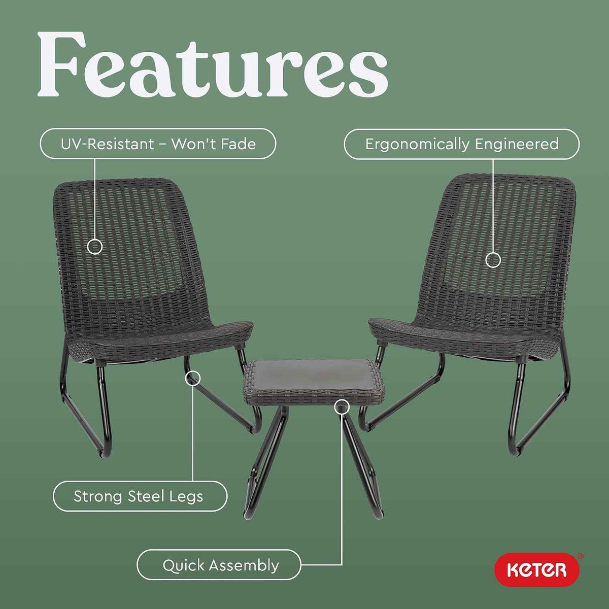Keter Rio 3 Piece Resin Wicker Patio Furniture Set with Side Table and