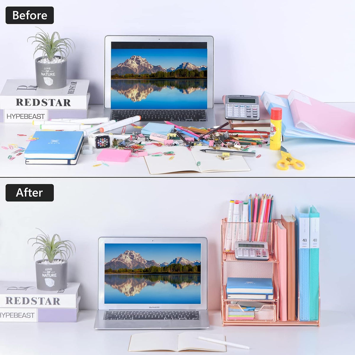Topwey Rose Gold Desk Accessories, Office Supplies Desk Organizer Caddy with Sliding Drawer, Double Tray, File Organizer and pen holder for Home, Office School - Field & Nook