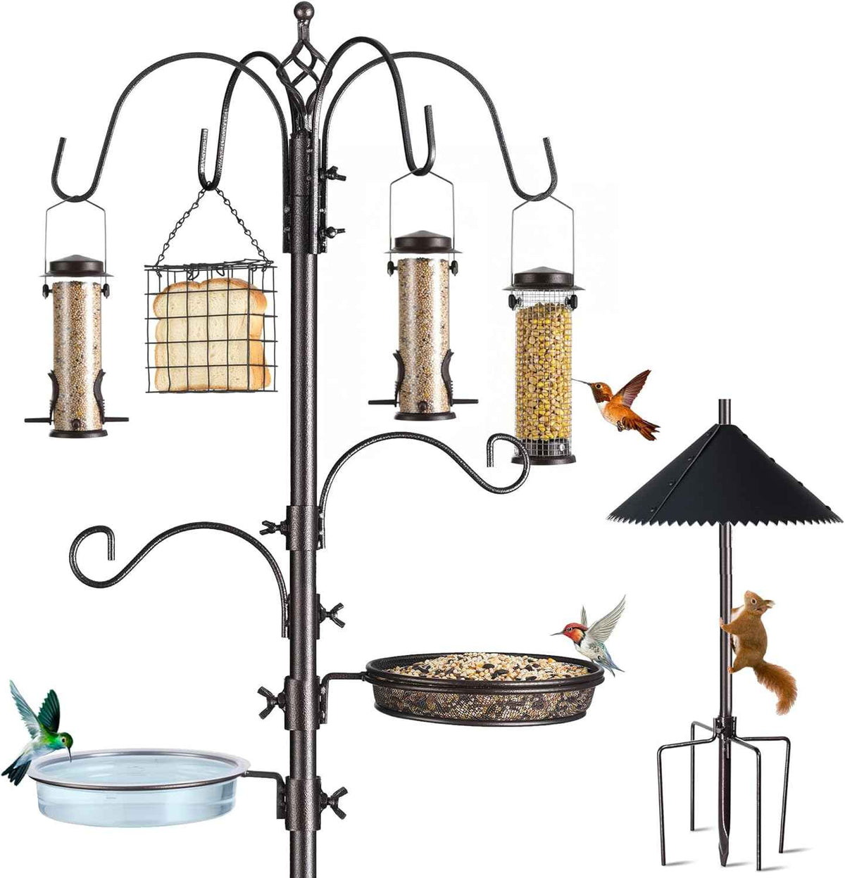 94-Inch Bird Feeding Station Kit, 6-Hook Pole with Squirrel Baffle | Bird Bath Bowl, Mesh Seed Tray, Freestanding 5-Prong Base, Removable Parts, Easy Assembly, for Patio, Lawn and Garden