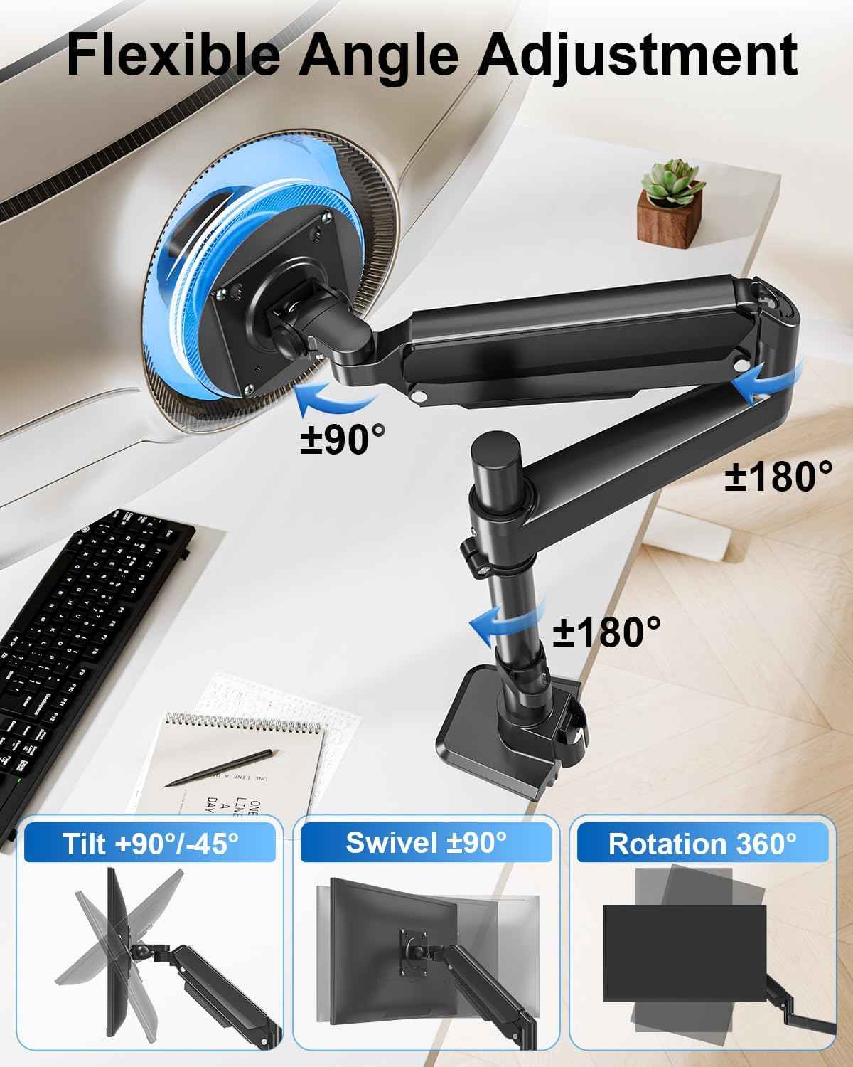 Heavy Duty Single Monitor Mount for Max 49" Ultrawide Screens | Hold 7.7 to 44 lbs, Premium Monitor Arm for Samsung Odyssey G9 and More, Adjustable Gas Spring Desk Stand, VESA Mount