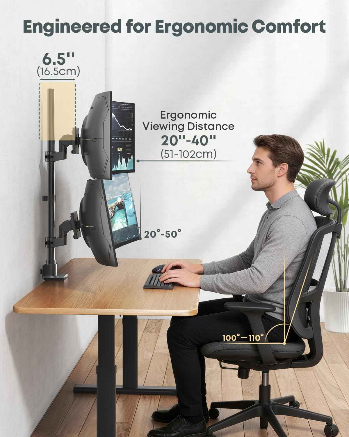 Dual Ultrawide Monitor Mount for 24-57'' Screens, Max Load 59.4 lbs per Arm | Vertically Stacked, Heavy Duty, Aluminum, Fully Adjustable, Topside Clamp/Grommet Mounting, VESA 75/100 mm, Black
