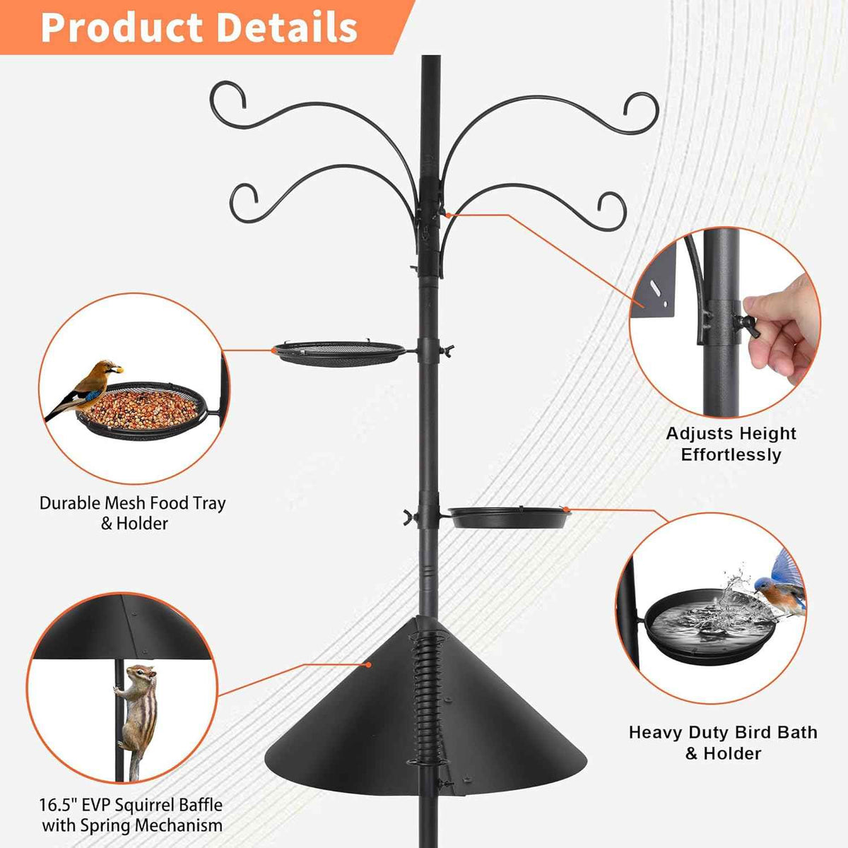 92 Inch Squirrel Proof Bird Feeder Pole with 9 Prongs Base, 1 Inch Dia Bird House Pole, Heavy Duty Bird Feeder Stand, Adjustable Shepherds Hooks for Outdoor with Squirrel Baffle Birdbath Tray