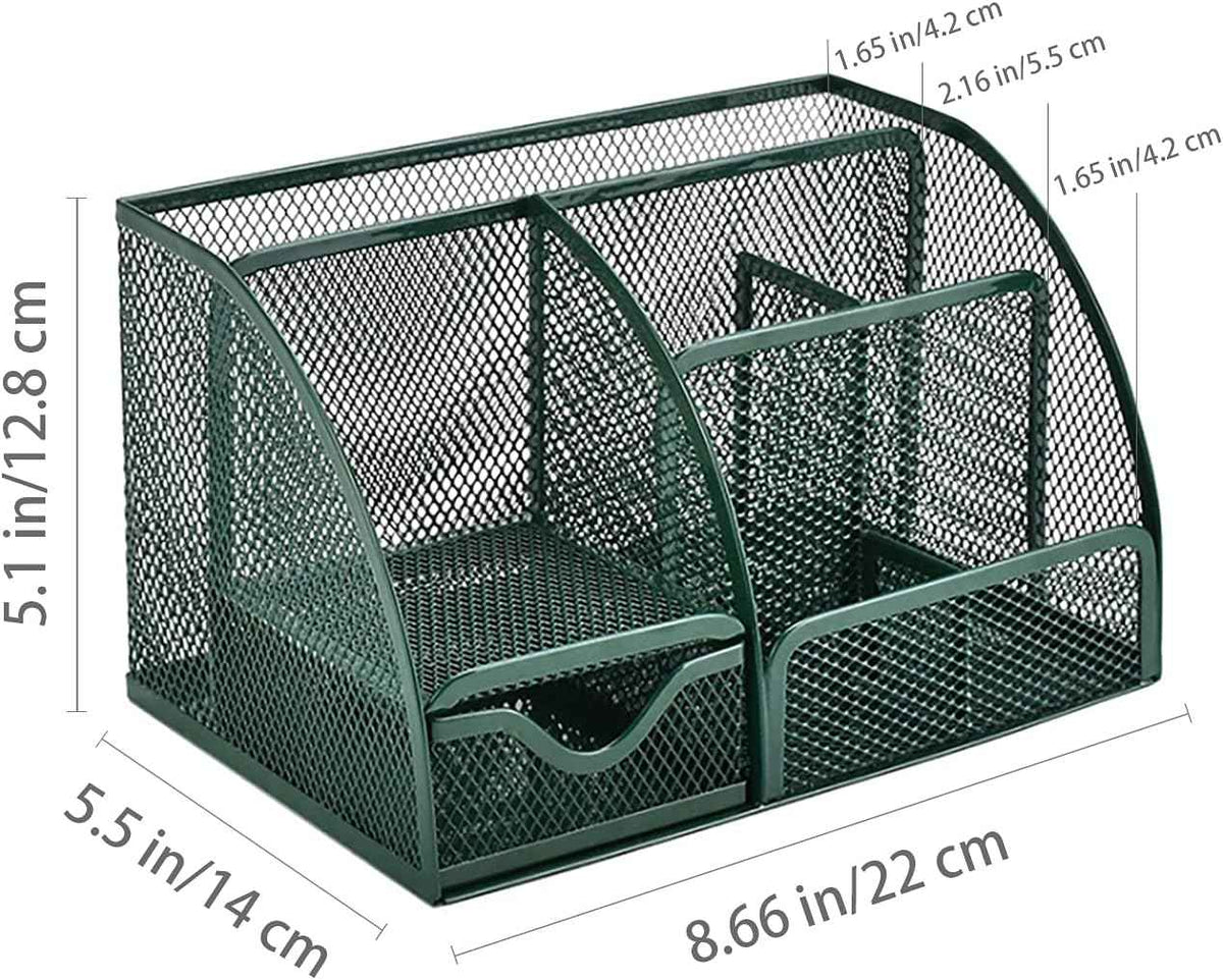 VANRA Office Supply Caddy Metal Mesh Desktop Supplies Organizer School Supply Holder Stuff Storage Organizer 6 Compartments with Drawer (Olive Green)