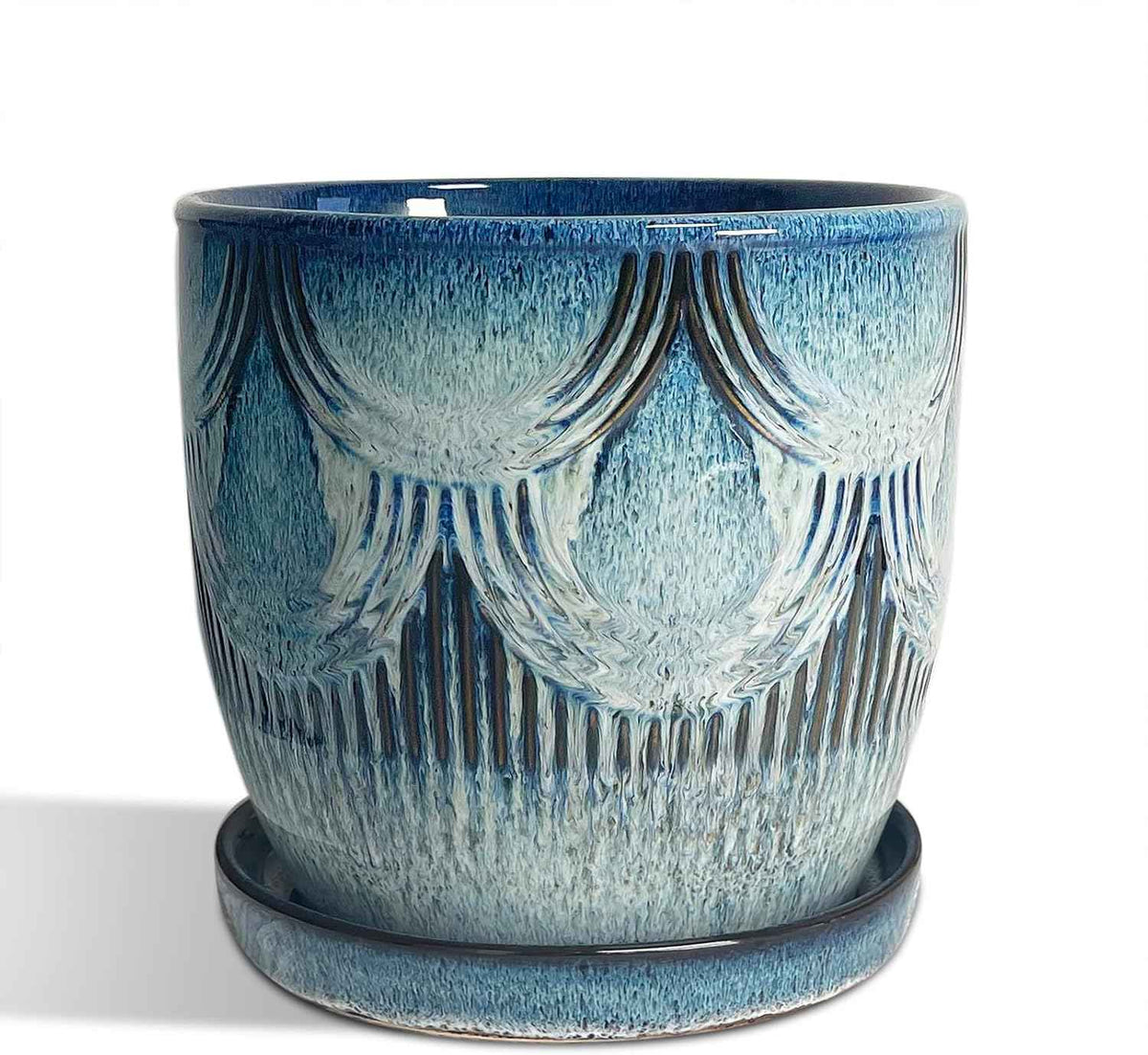 Plant Pots Indoor, Ceramic Planter, 6in Plant Pot, Plant Pots with Drainage Holes and Saucers, Flower Pots for Indoor Plants, Reactive Glaze Blue