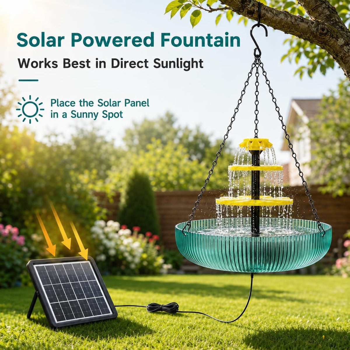 Solar Hanging Bird Bath Fountain with 3-Tier Cascading Waterfall, Outdoor Garden Water Feature with 16.4FT Cord, Bird Feeder & Relaxing Patio Decor for Hummingbirds and Wild Birds
