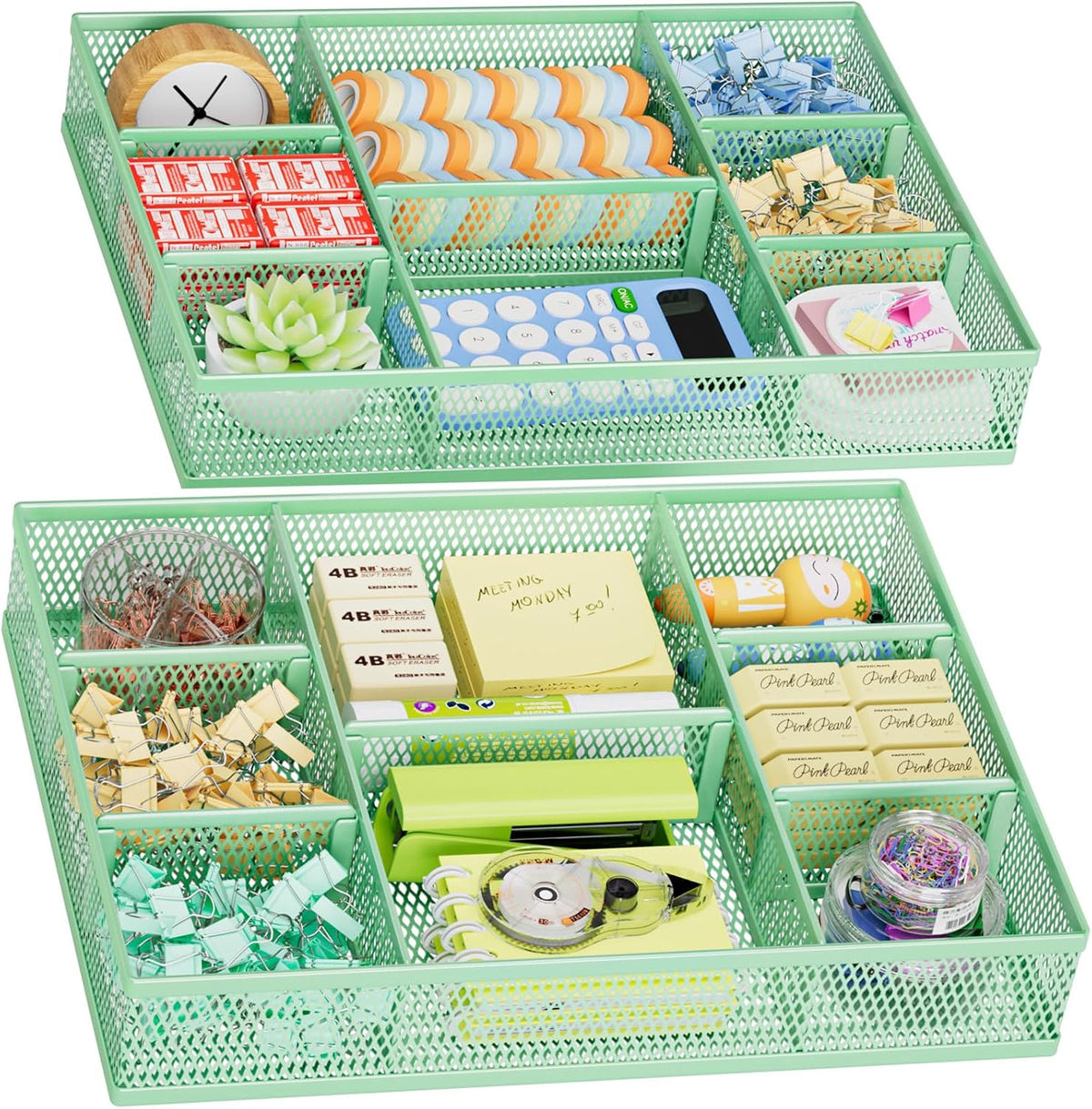 Marbrasse 2 Pack Desk Drawer Organizer, Mesh Drawer Organizer Tray with 8 Adjustable Compartments, Desk Organizers and Accessories, 5 Dividers Drawer for Office Supplies, Makeup & Vanity (Green) - Field & Nook