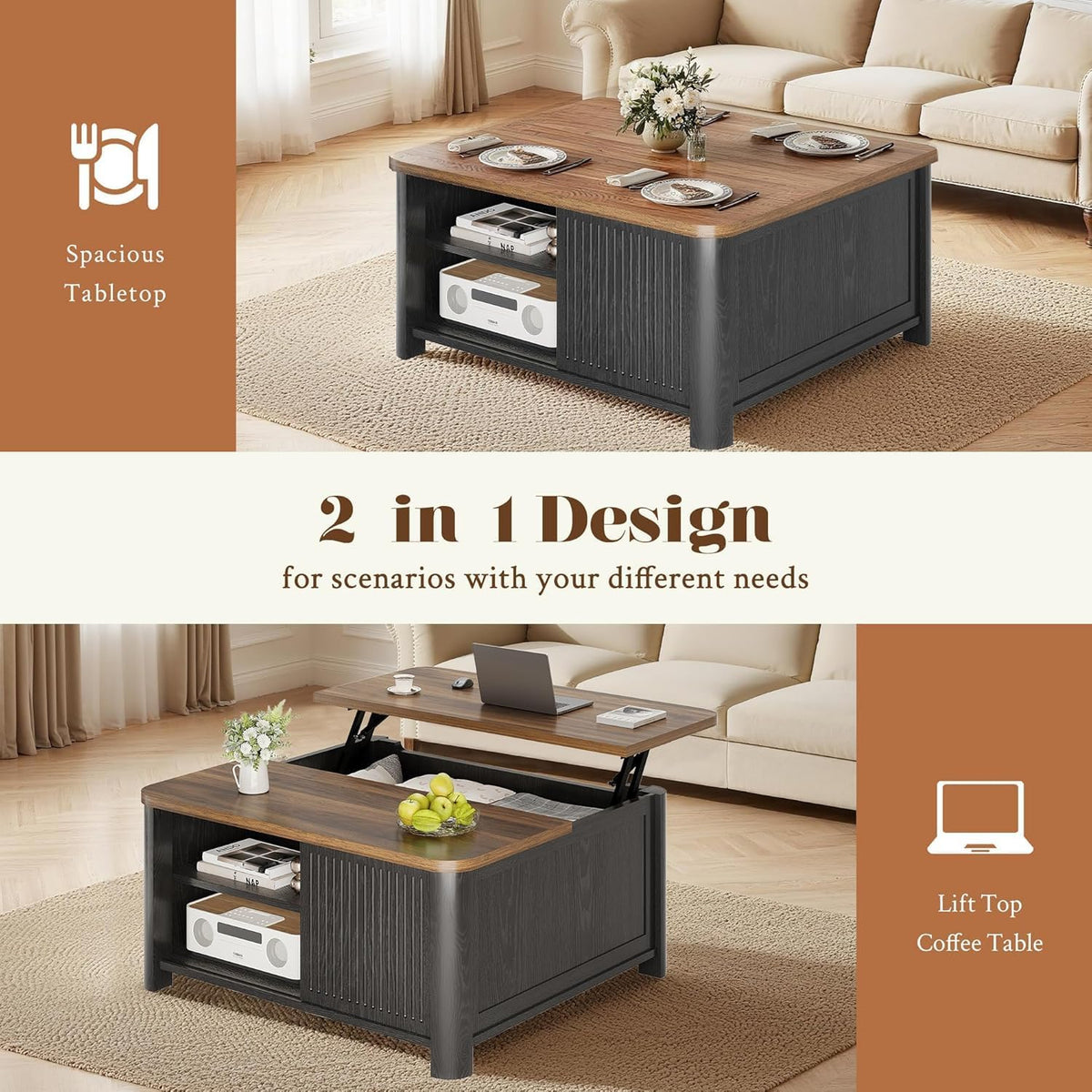 Decofy Lift Top Coffee Table with Storage and Shelves