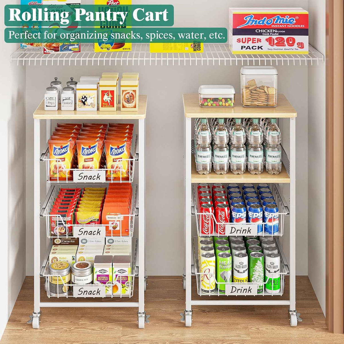 4-Tier Fruit Vegetable Storage Cart Rolling Kitchen Cart with Drawer | Pull-out basket, wood rack, durable & sturdy, fits pantry, living room, bathroom, 360° wheels with brakes, wood top, white