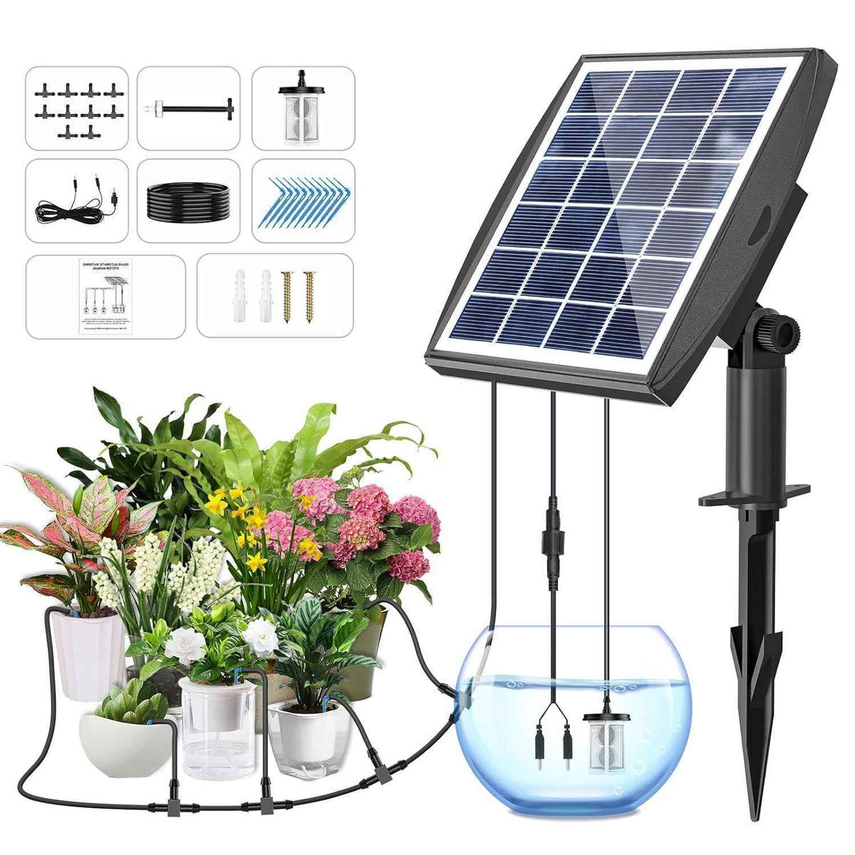 Solar Powered Drip Irrigation System, OHYEAHSPIN Solar Automatic Garden Watering Outdoor Greenhouse Accessories Supported 15 Pots Plants & 6 Timer Modes