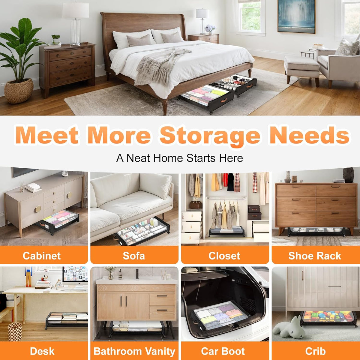 80L Large Under Bed Storage with Wheels, 2-Pack XXL Underbed Shoe Storage | Fit Most Bed, Removable & Locakable Wheels, Sturdy Metal Frame, Clear Lid, Easy Install, for Off-Season Clothes/Blankets - Field & Nook