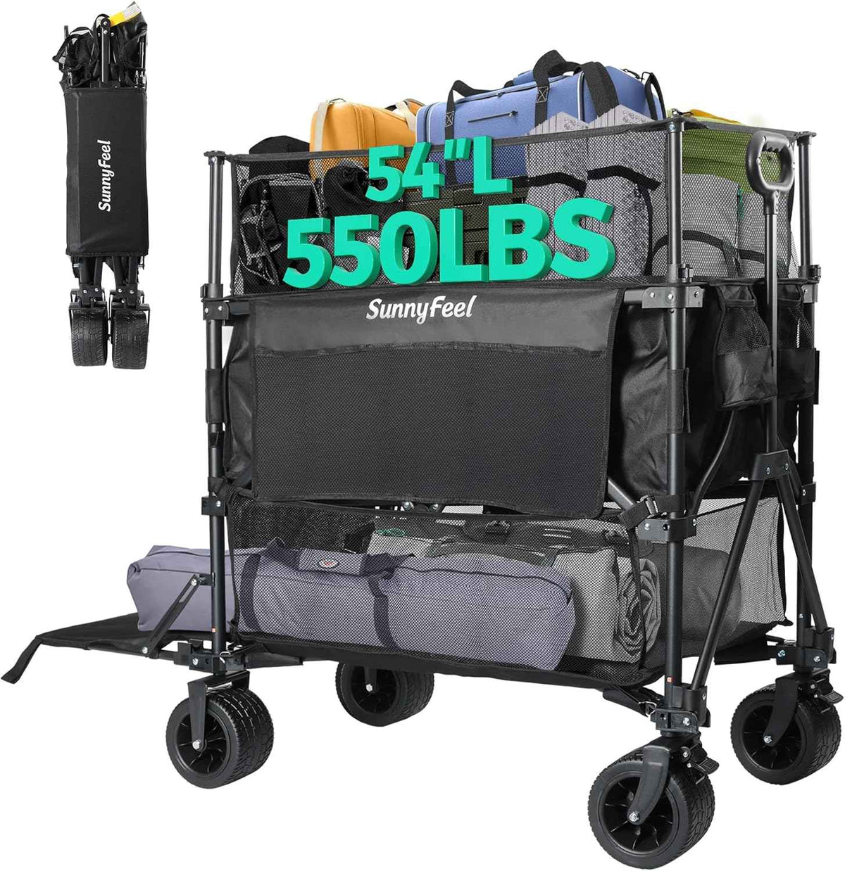 SUNNYFEEL 550L Large Capacity Folding Sports Wagon, 550LBS Heavy Duty Collapsible Cart,Extra High Extender Wagon Cart with Tailgate, All-Terrain Big Wheels for Camping Fishing & Outdoor Use，Black