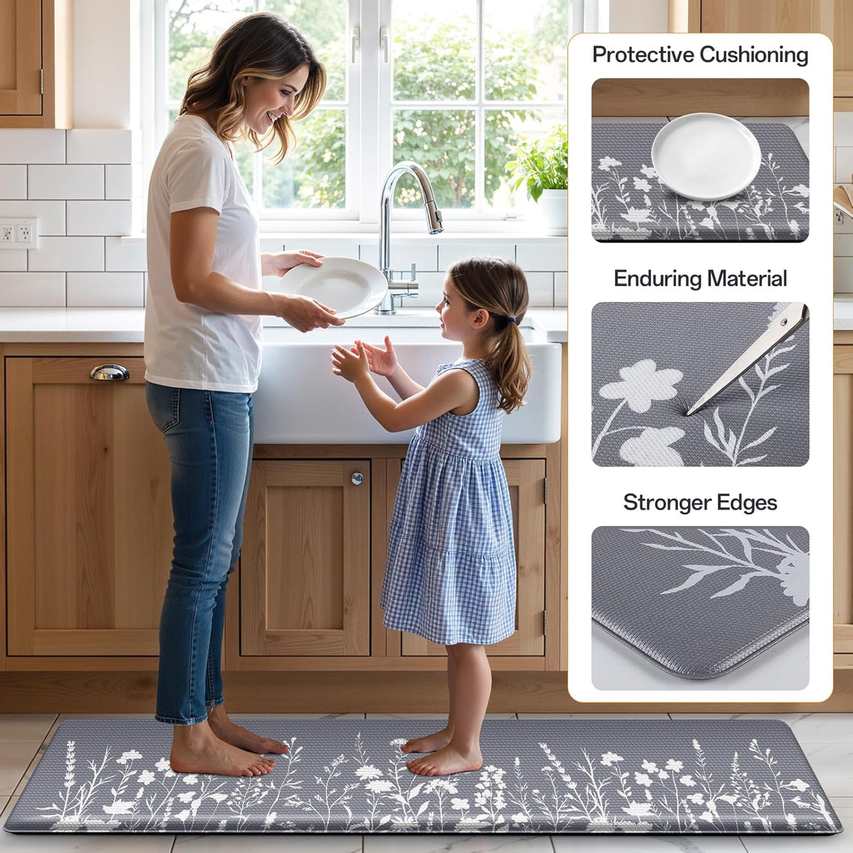 Anti-Fatigue Kitchen Mat Set of 2 | Grey | 17.3"x30" + 17.3"x47" | Non-Slip Cushioned Floor Rug