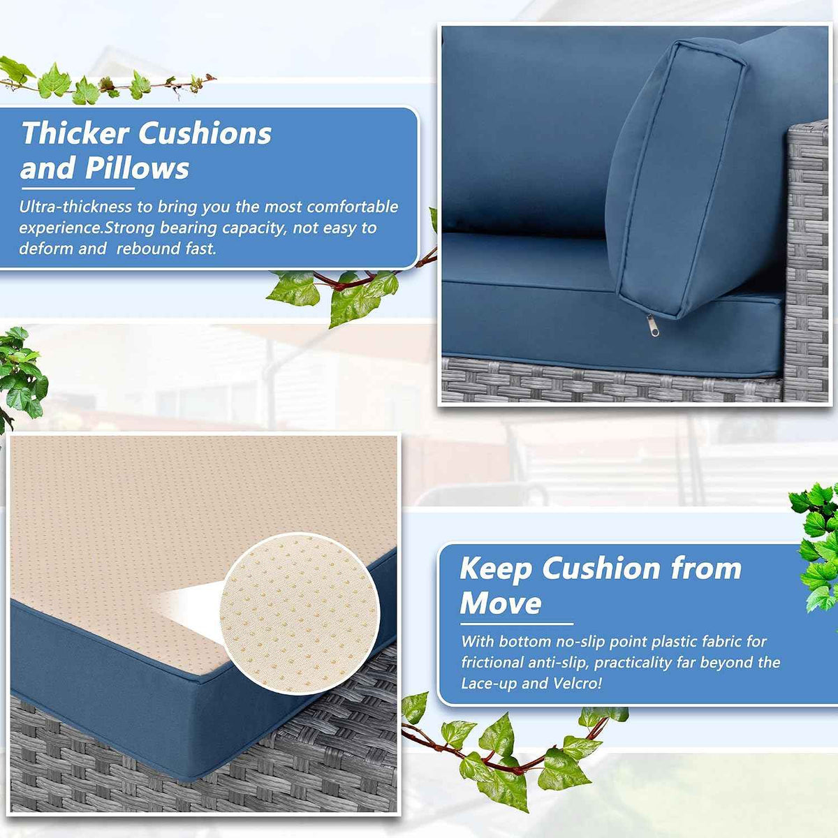 7 Piece Outdoor Patio Furniture Set with Silver PE Rattan, Navy Blue