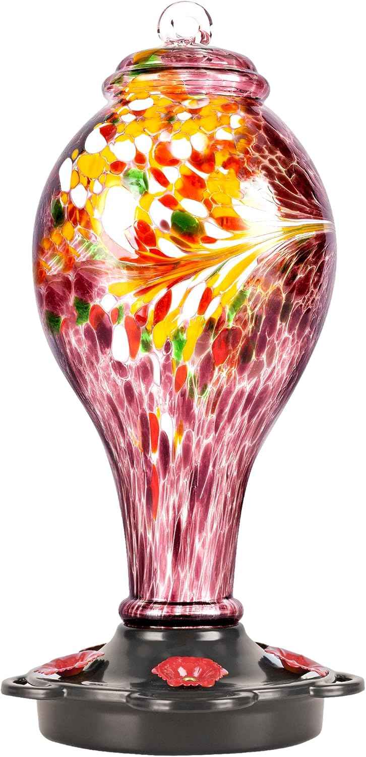 LUJII Hand Blown Glass Hummingbird Feeder for Outdoors Hanging with Ant Guard, 36 fl.oz, Leak Proof & Rustproof, Metal Base with 5 Feeding Ports & 5 Perches, Unique Garden & Backyard Decor (Purple)