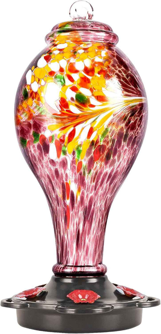LUJII Hand Blown Glass Hummingbird Feeder for Outdoors Hanging with Ant Guard, 36 fl.oz, Leak Proof & Rustproof, Metal Base with 5 Feeding Ports & 5 Perches, Unique Garden & Backyard Decor (Purple)