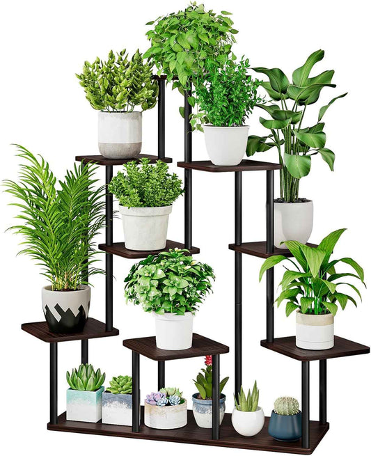 AZERPIAN Plant Stand 9 Tier Indoor Metal Flower Shelf for Multiple Plants Corner Tall Flower Holders for Patio Garden Living Room Balcony Bedroom, Black Oak