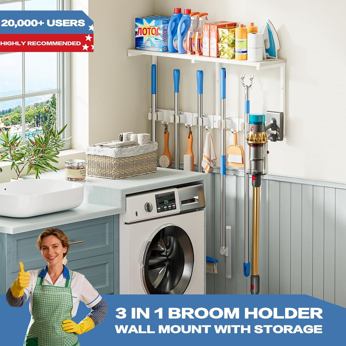 Broom Holder Wall Mount with Cleaning Supplies Organizer - Field & Nook