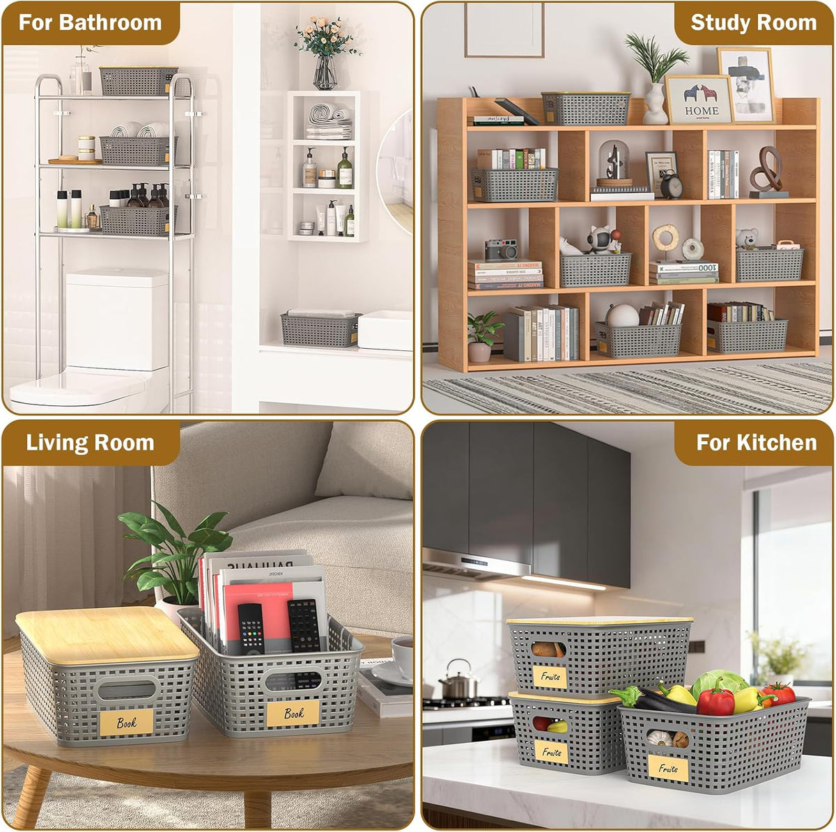 Stackable Storage Baskets: 8 Pack Plastic Baskets Bins, Gray | Decorative Baskets for Organizing, Pantry Decorative Containers for Closets, Cabinets, Shelves - Field & Nook