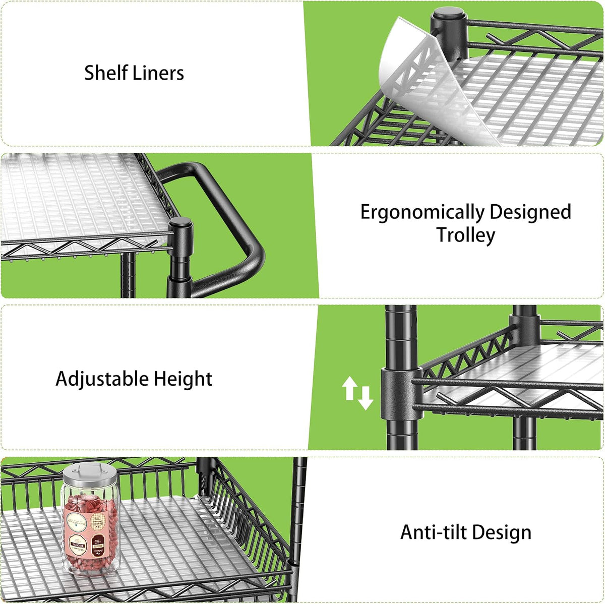 3 Tier Rolling Utility Metal Carts with Wheels Heavy Duty Cart 750Lbs | Adjustable Kitchen Storage Organizer Cart with Handle & Shelf Liner Commercial Grade Trolley for Indoor & Outdoor Use - Field & Nook