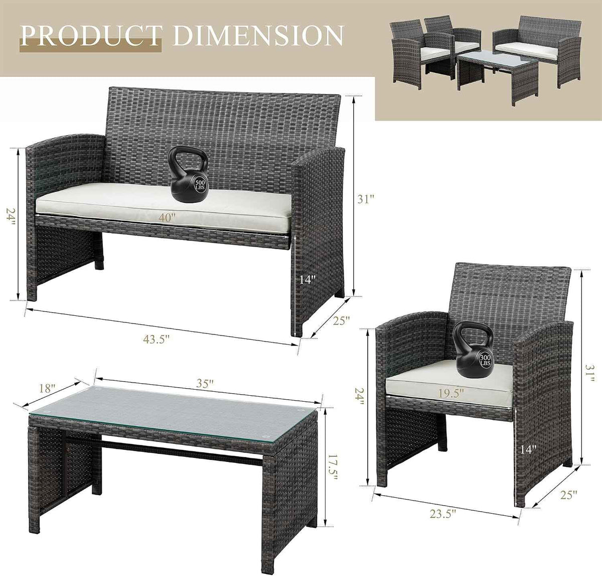 4 Piece Outdoor Patio Furniture Set, Outdoor Wicker Rattan Chairs