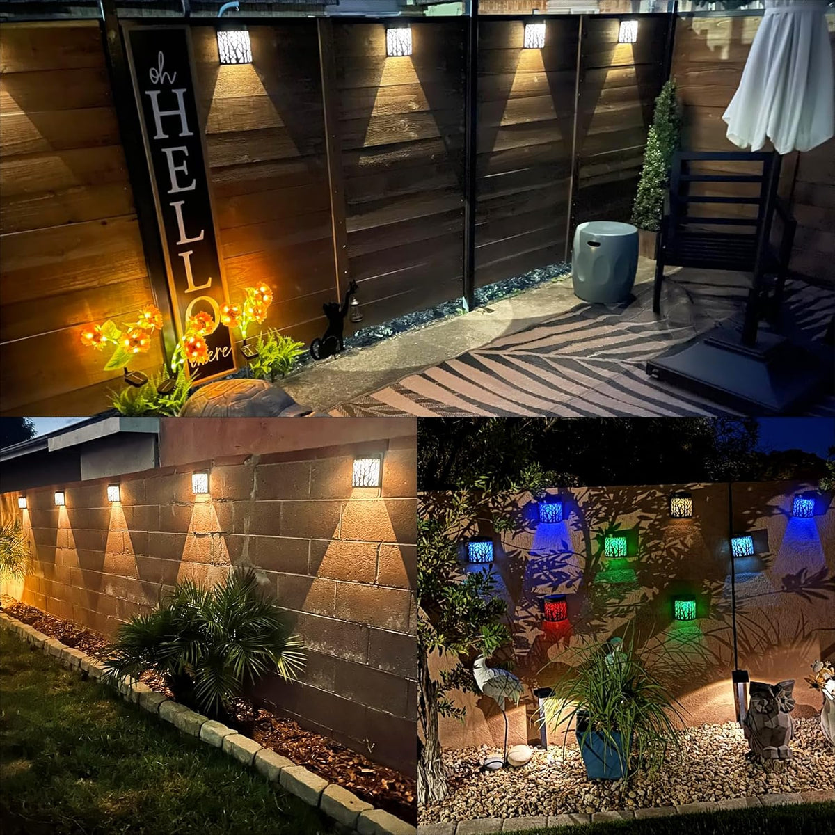 DenicMic Solar Wall Lights Outdoor Wall Sconce Fence Lights Solar Powered | 4 Pack, Mental Patio Front Door Yard Deck Stair House Led Forest Decorative Lamps, Waterproof, Warm White Color Changing