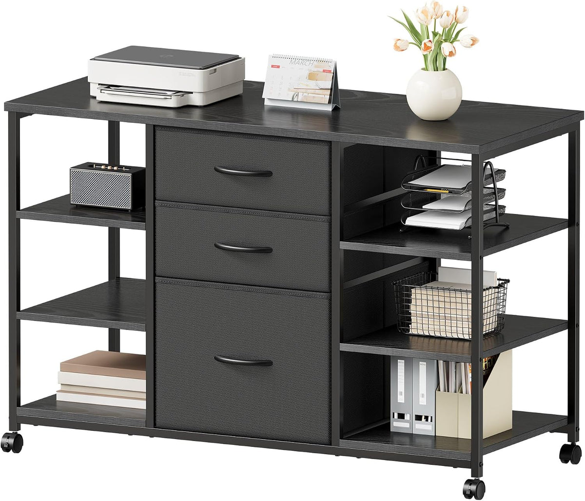 YeTom Mobile File Cabinet,Lateral Filing Cabinet with 3 Fabric Drawers,Rolling Printer Stand with 4 Open Storage Shelf for Home Office,Black - Field & Nook