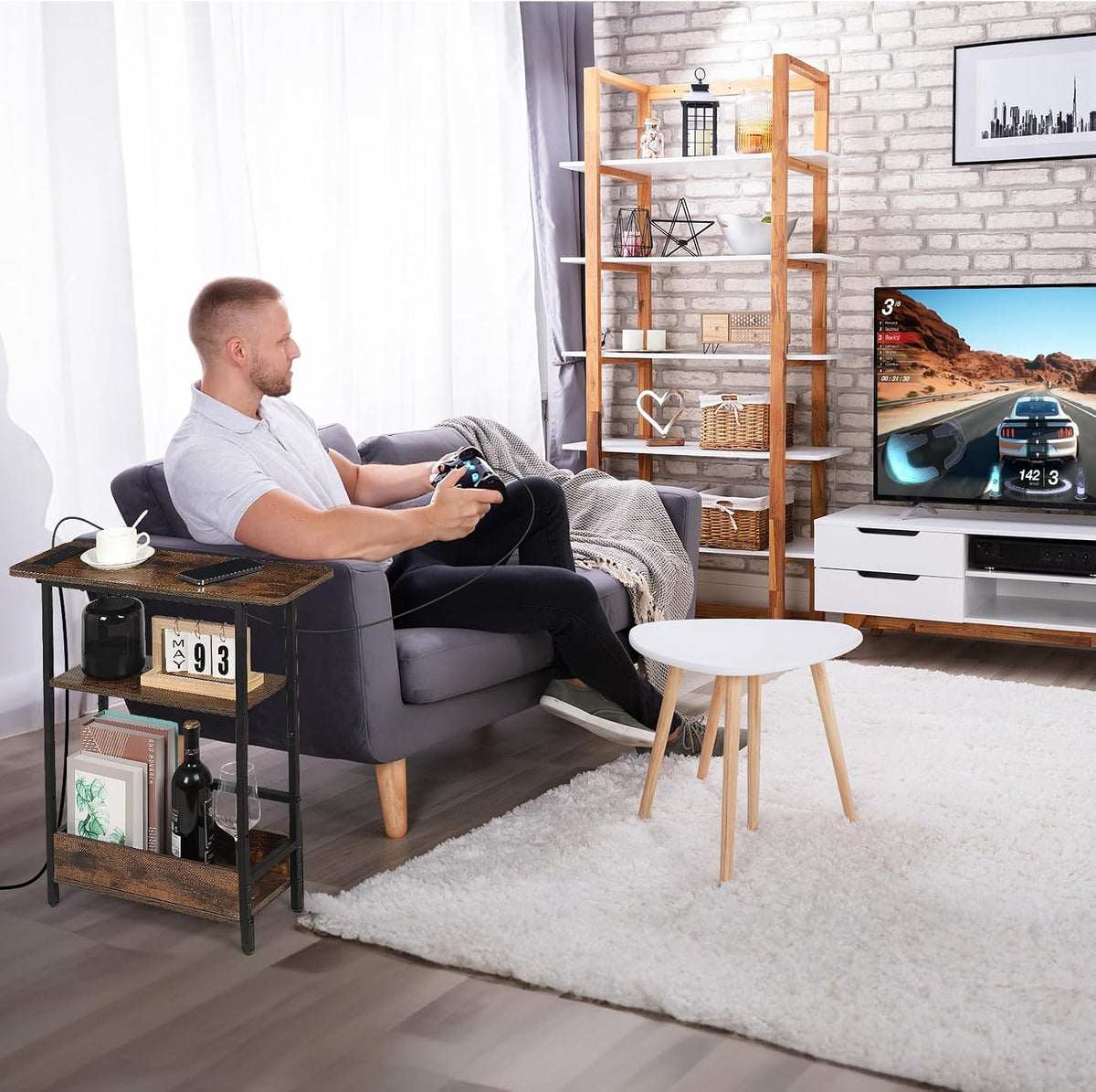 Narrow Sofa Side Table – Charging Station and Storage Shelves
