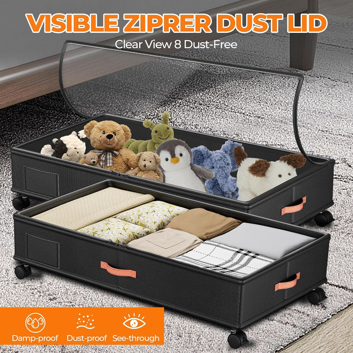 Under Bed Storage with Wheels,2-Pack Under Bed Storage Containers with Clear Lids,XXL Large Under the Bed Storage Organizer Bins With Handles,Space Saving Design for Clothes,Shoes,Books-Black - Field & Nook
