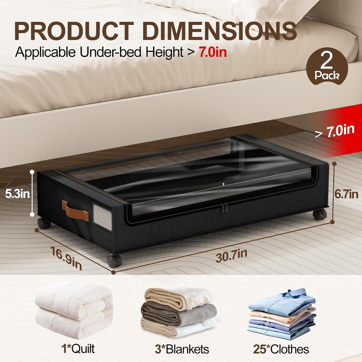 LAMU Under Bed Storage with Wheels, 2Pack Underbed Storage Containers,Black | Smooth-rolling Wheels, Clear Lid & Label, Sturdy Metal Frame, Easy Install, Rolling Storage Drawers for Clothes, Shoes, Toys - Field & Nook