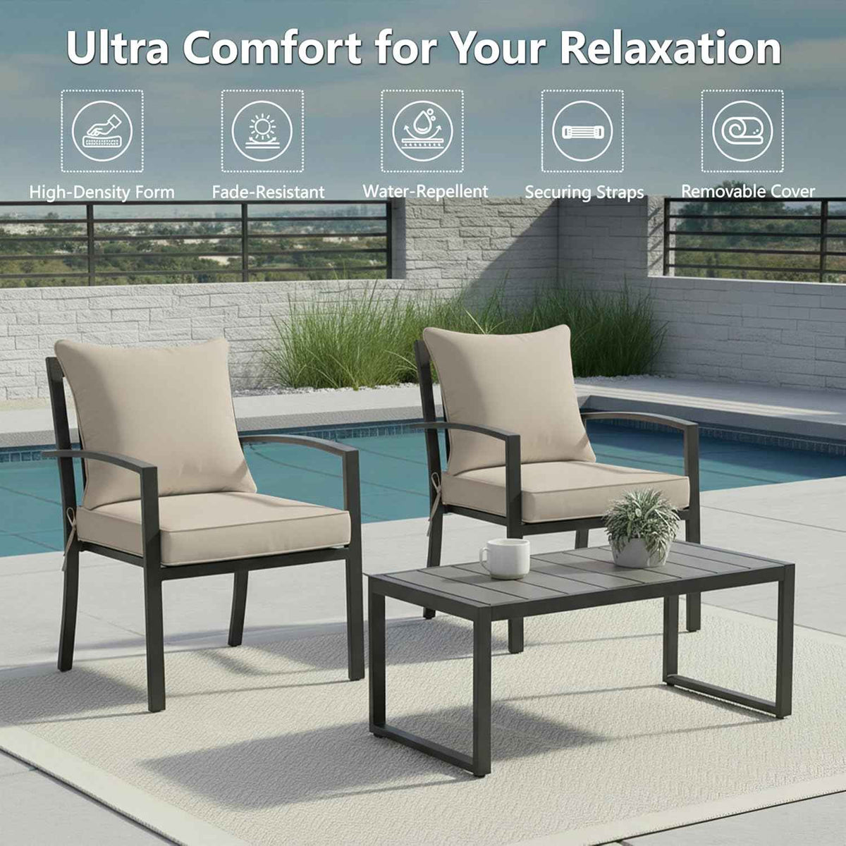 22x22 Inch Patio Chair Cushions Set of 2, Outdoor Furniture Cushions - Removable Cover, Water-Repellent, Fade-Resistant, Non-Slip Bottom & Straps, Replacement for Lawn, Porch & Deck Chair - Cream
