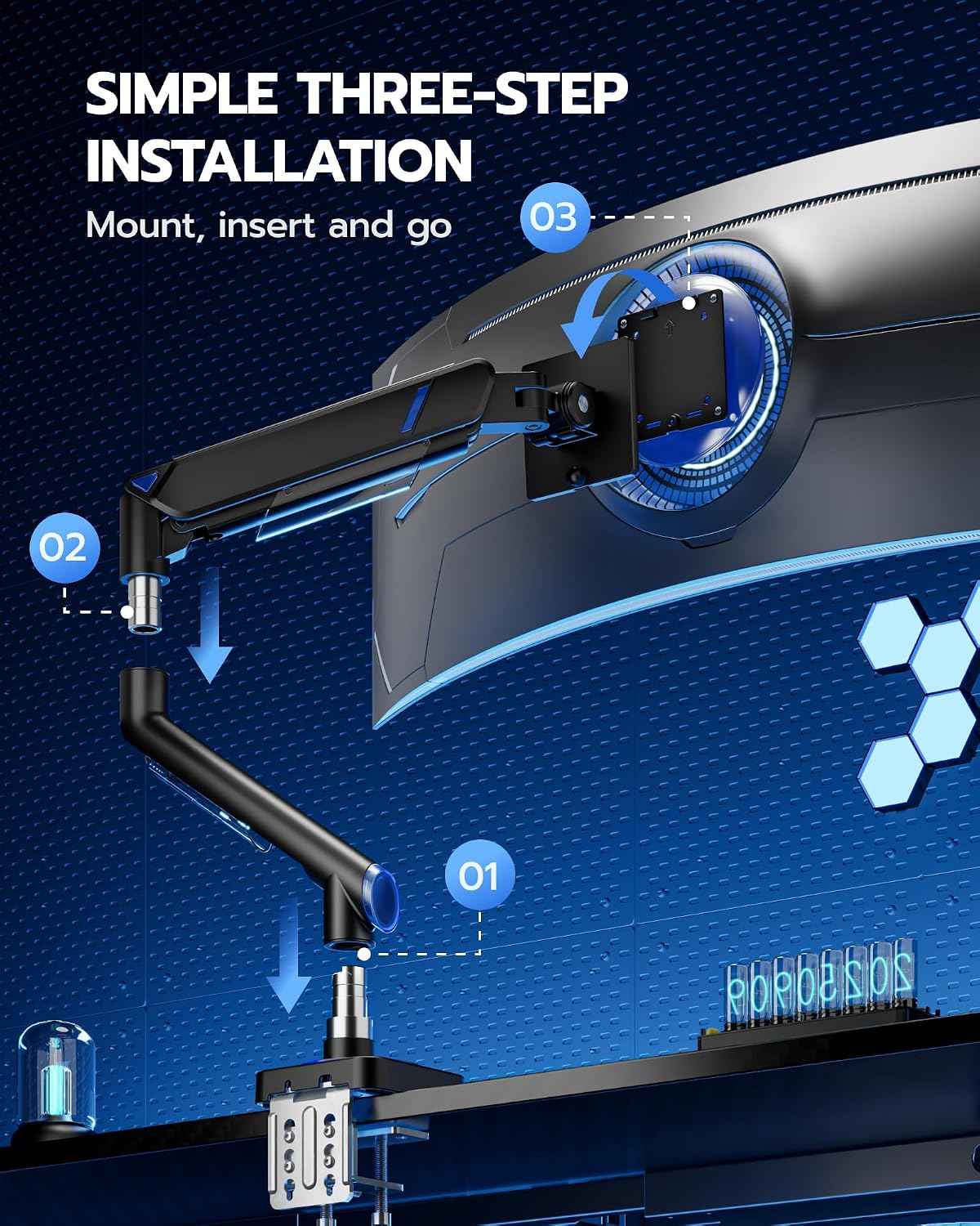 ARES WING 17-49 Inch Monitor Arm Ultrawide Single Monitor Mount, Black | Heavy Duty Mechanical Spring Monitor Stand Adjustable Arms Holds up to 44lbs, 75/100 VESA Mount with Clamp/Grommet Base