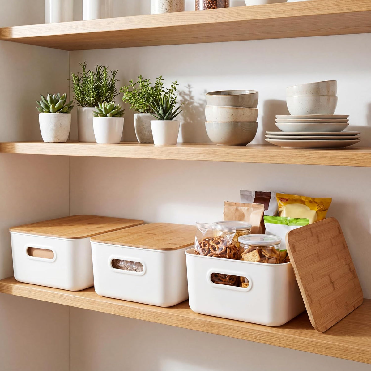 Citylife Storage Bins with Bamboo Lids 16QT Plastic Storage Containers Stackable Organizer Boxes with Handle for Desk Snacks, Toys, 2 PCS, 15" L x 10.6" W x5.8 H - Field & Nook