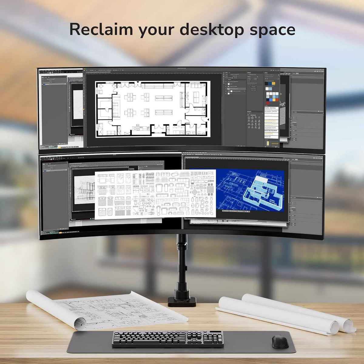 Mount-It! Dual Ultrawide Monitor Desk Mount for 17–49” Screens, Height-Adjustable Stacking Arms with Pole, Heavy Duty Gas Spring, Full Motion, VESA 75/100, Clamp or Grommet