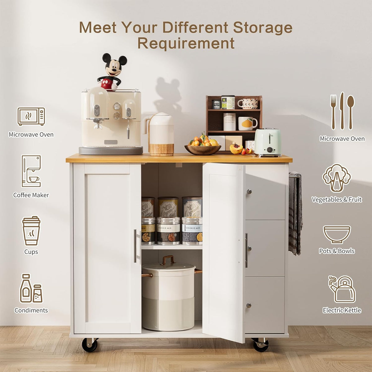 Rolling Kitchen Island – 39.7-Inch, Drop Leaf, Drawers & Cabinet