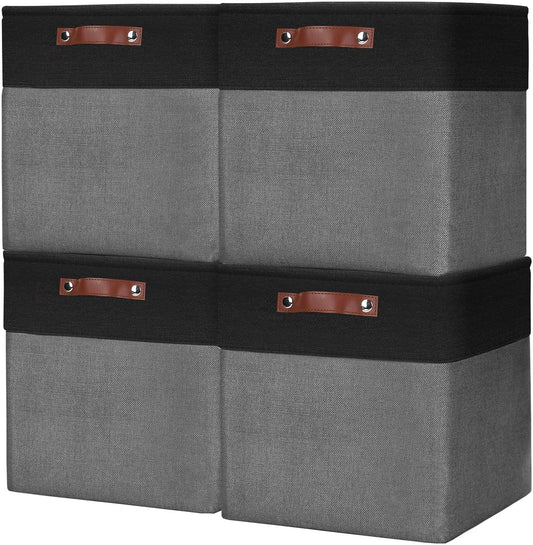13x13 Cube Storage Bins, Collapsible Fabric Storage Box, 4 Pack Closet Baskets with Handles for Organizing, Shelf, Toys, Clothes, Home, Office, Nursery (Grey&Black) - Field & Nook