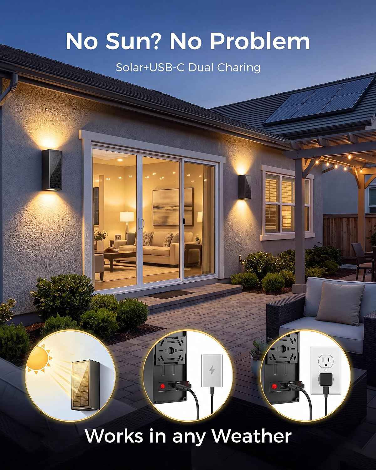 2Pack Solar Wall Lights Outdoor, Dusk to Dawn Up Down Wall Sconce, USB-C Rechargeable Backup, 3CCT Dimmable, IP65 Waterproof LED Exterior Lighting for Front Door Garage Patio Shed