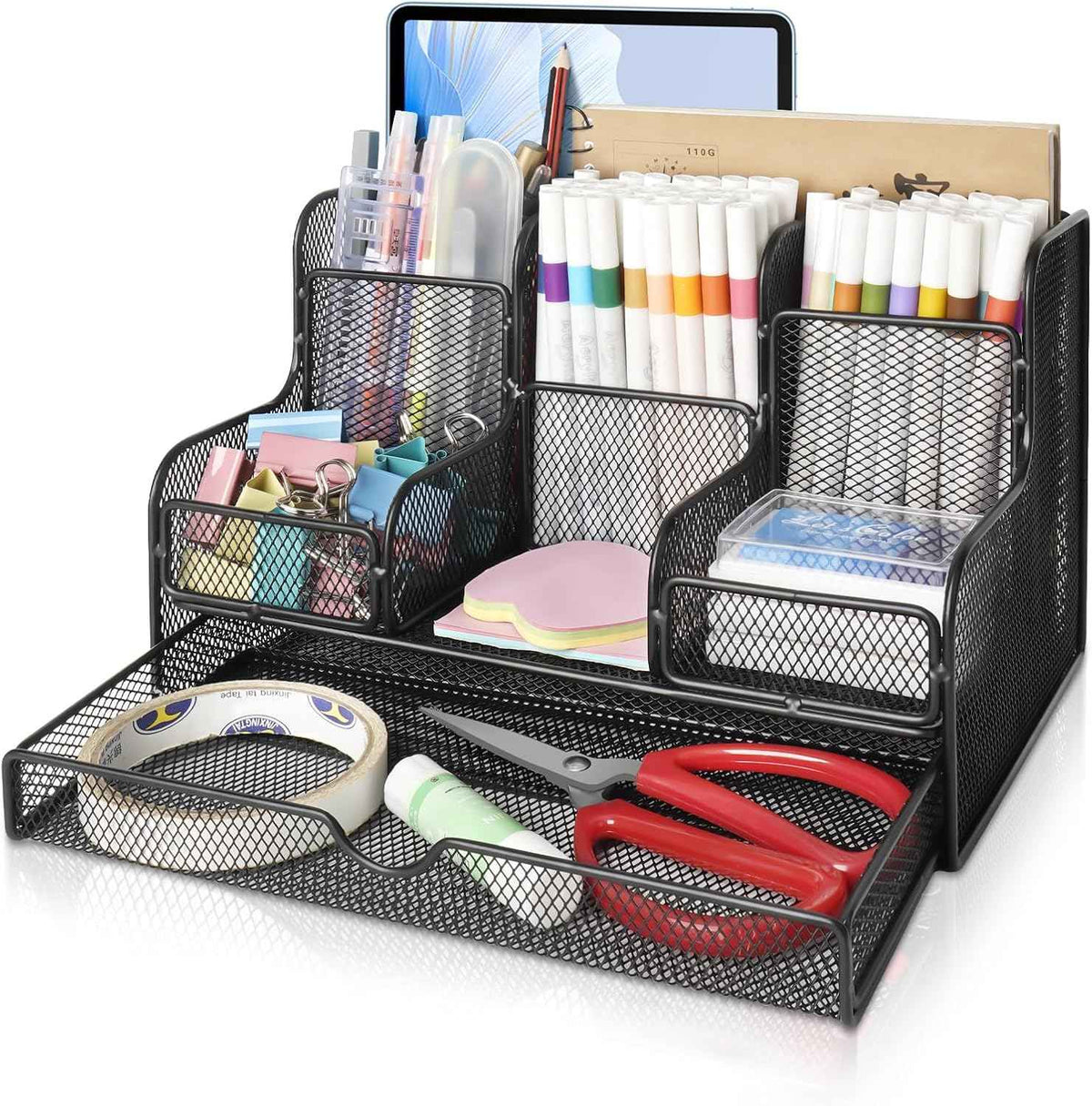 Black Mesh Desk Organizer Caddy and Accessories with 7 Compartments, Mesh Multifunctional Desktop Accessories Organizers Office Supplies Desktop Organizer for Home, Office