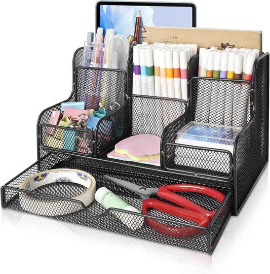 Black Mesh Desk Organizer Caddy and Accessories with 7 Compartments, Mesh Multifunctional Desktop Accessories Organizers Office Supplies Desktop Organizer for Home, Office
