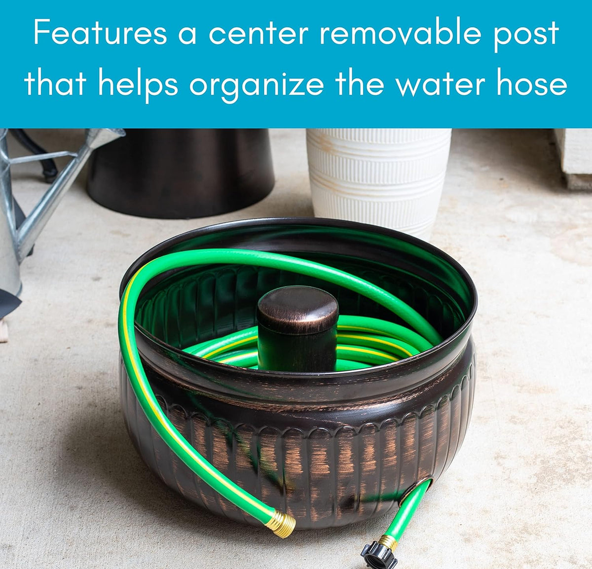 Decorative Metal Garden Hose Storage Pot – Holds Up to 100 ft