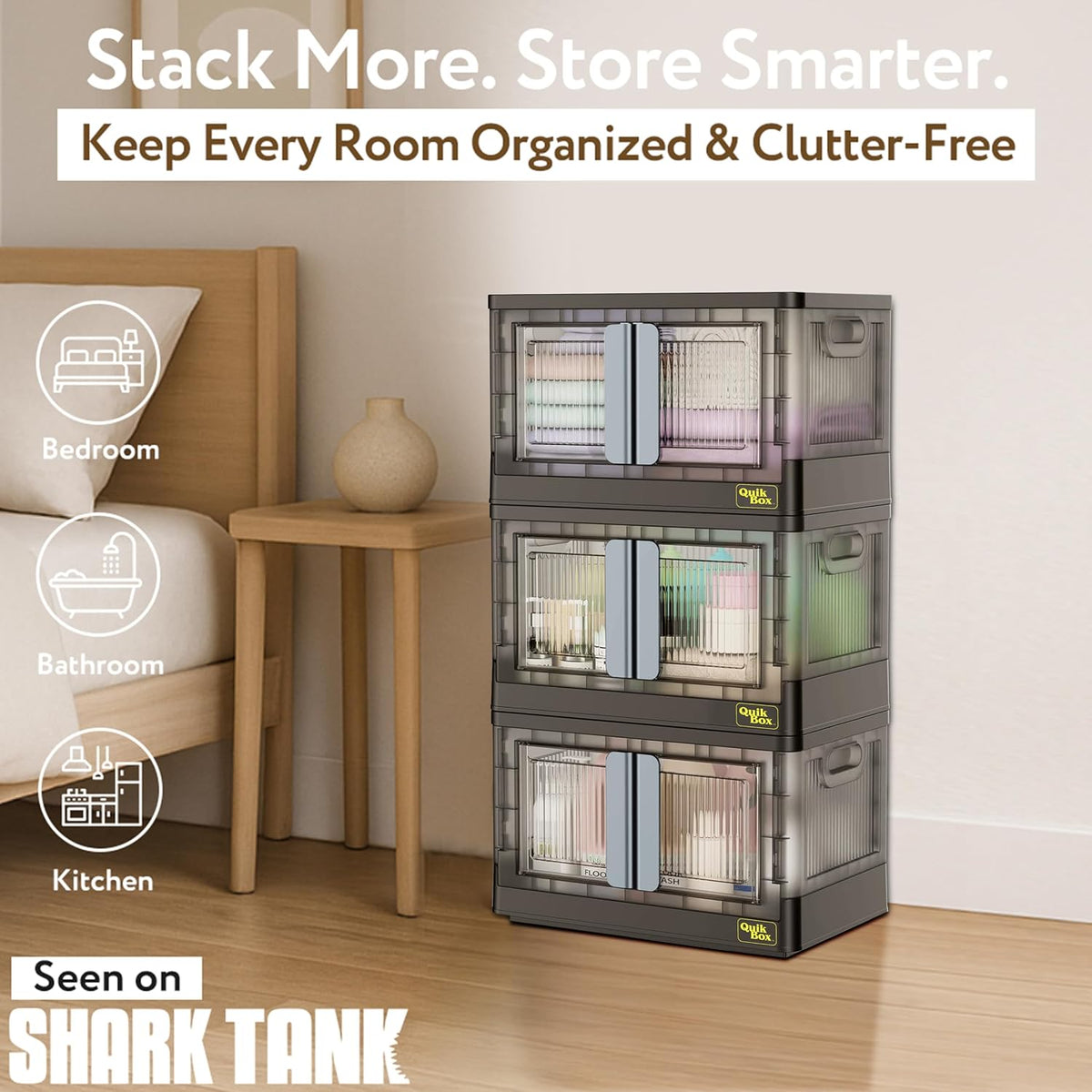 Quik Box - 8.5 Gallon 3-Pack Stackable Storage Bins with Doors & Wheels - Collapsible Organizer for Dorms, Bedroom & Home - Durable Polystyrene - Black - Field & Nook