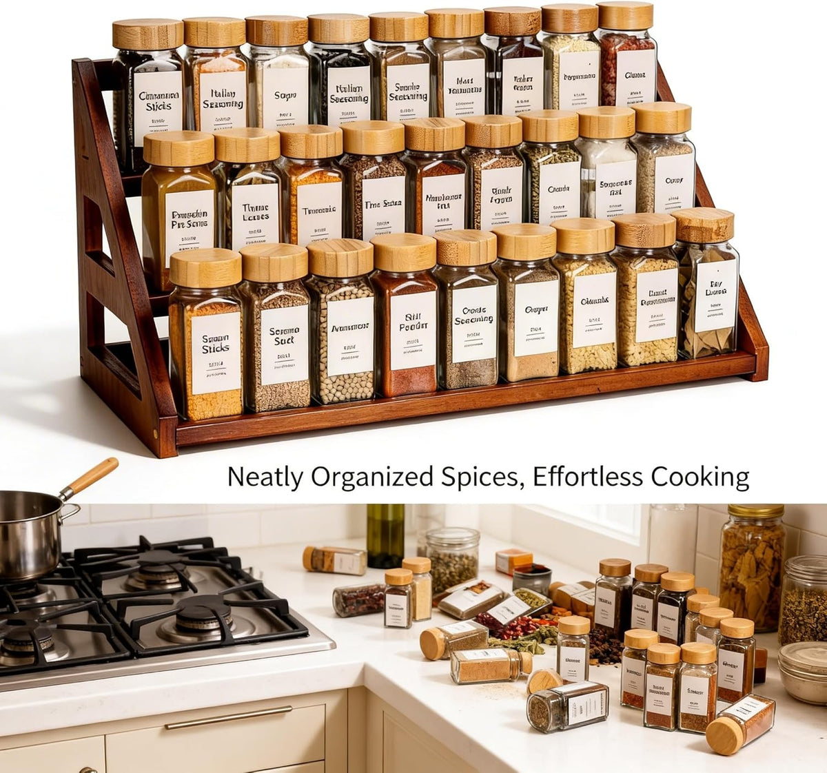 Bamboo 3 Tier Spice Rack,Spice Organizer for Cabinet/Countertop | Solve the messy spice bottles on the kitchen countertop and cabinets, make neat and orderly, clear at a glance - Field & Nook