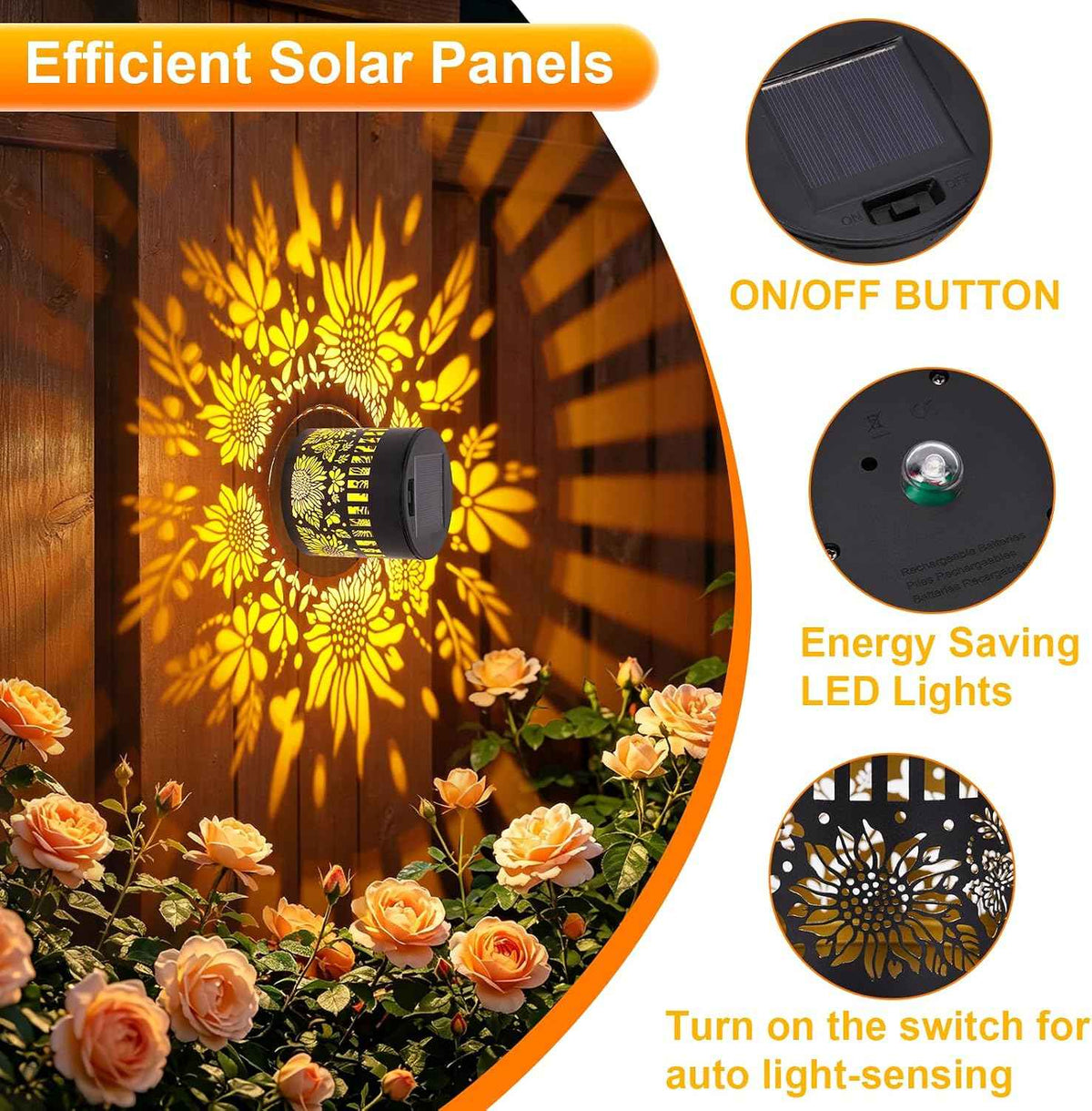 2 PCS Solar Fence Lights Outdoor, Metal Solar Powered Wall Deck Step Lights 2026 New Sunflower, Hanging LED Waterproof Decorative Lighting for Garden Patio Backyard Post Decor(Warm Light)