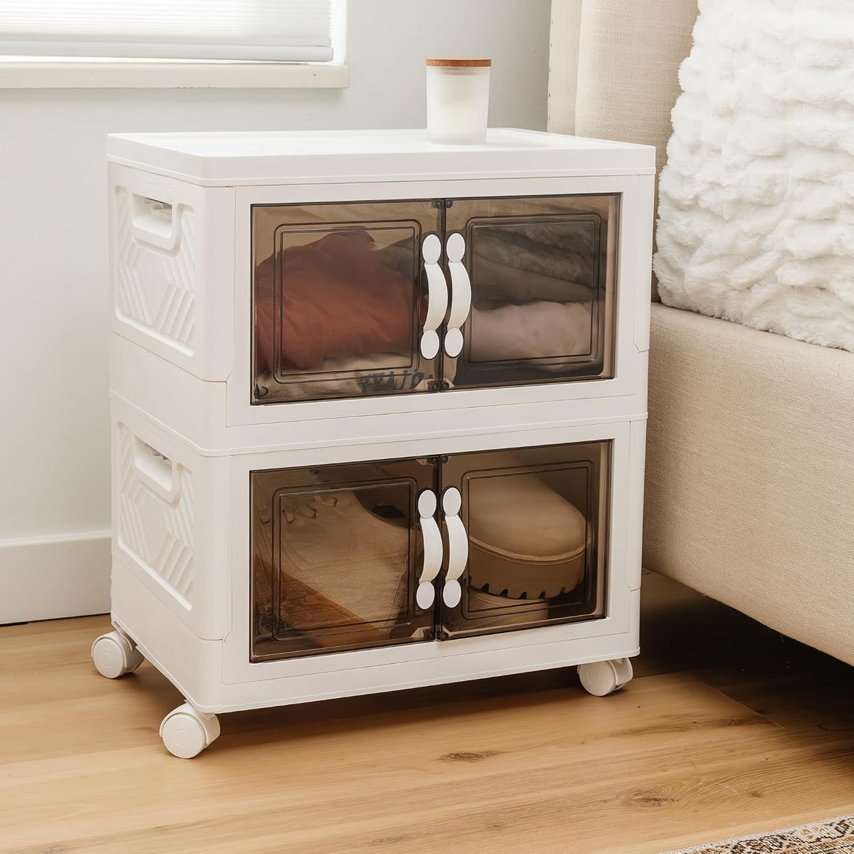 DALMAN 26QT Stackable Storage Bins with Lids -2 Tier Wheeled Shelf Organizer Plastic Containers with Lids – Multipurpose Storage and Organization Shelving Unit with Magnetic Closure - Field & Nook